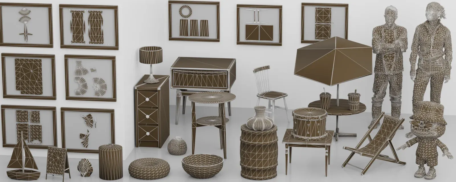 TaoFlowForge generates production-ready native meshes across categories (furniture, characters, props), rendered with their predicted topology. The framed images show the UV unwrappings, revealing the quality of their topology.